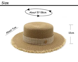 Detailed size chart for women's flat top raffia hat with brim and height measurements