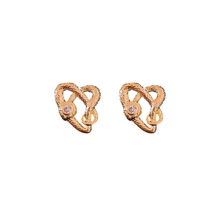Snake-shaped gold plated heart earrings with zircon inlay on a clean white background