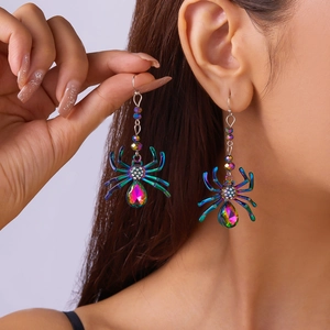 Iridescent Spider Dangle Earrings Alloy With White Rhinestone Colorful Artificial Gemstone Halloween Gothic Style Women