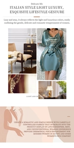 Detailed close-up of peacock blue satin robe featuring gold floral print and silk texture