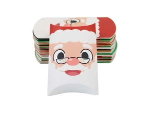 Detailed view of pillow-shaped Christmas candy boxes featuring Santa Claus design