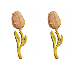 Vintage tulip stud earrings with pink enamel flower, pearl accents and sparkling crystals