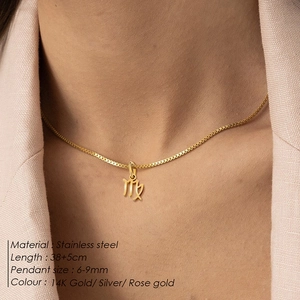 Detailed view of Virgo zodiac pendant necklace in stainless steel on a female model