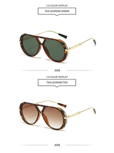 Detail view of aviator sunglasses with tortoise frames and metallic temples