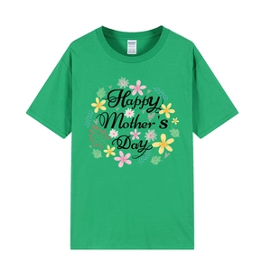 Detailed close-up of Mother's Day floral print on a casual green short-sleeve T-shirt