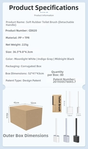 Detailed specifications of the soft TPR toilet brush set available in white, grey, and black