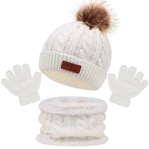 Winter 3-piece set for kids with white knitted beanie, pom-pom, gloves and warm fleece scarf