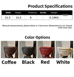 Size chart and dimensions for woven belt bag available in coffee, black, red, and white
