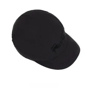 Top view of black 5-panel ripstop camper hat with premium embroidered logo detail
