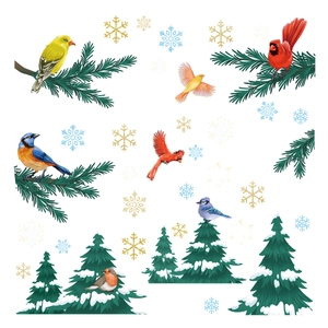 Christmas snowflake window stickers featuring winter birds and pine trees on white background