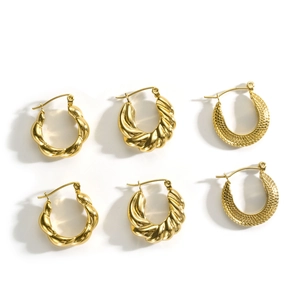 Three pairs of 18k gold plated stainless steel twisted hoop earrings on white backdrop