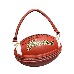 Unique football shaped brown evening handbag with golden hardware and white stripes