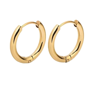 Polished gold-plated stainless steel hoop earrings with minimalist hinged design on white background