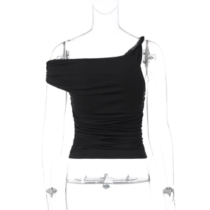 Close-up of black slim-fit T-shirt with off-shoulder neckline and ruched texture details