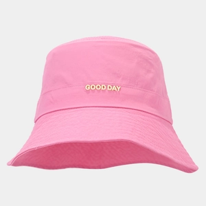 Detail of pink waterproof bucket hat with GOOD DAY metallic letters and stitched brim