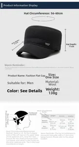 Size chart for wool winter flat cap with 56-60cm circumference and ear protection details