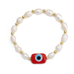 Detail of freshwater pearl bracelet with golden beads and red evil eye charm pendant
