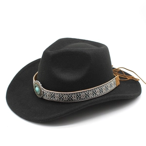 Classic black wool cowboy hat with ethnic woven band and turquoise bead accent