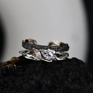 925 Sterling Silver Open Adjustable Ring With Marquise Zircon Branch Texture Two Tone Gothic Punk Jewelry For Unisex