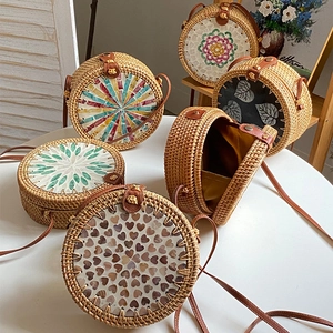 Handmade Round Woven Rattan Crossbody Bag With Shell Mosaic Inlay Bohemian Retro Style Shoulder Purse For Women
