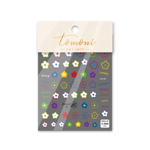 Detail showing colorful floral nail art stickers with cute hand-drawn letter patterns