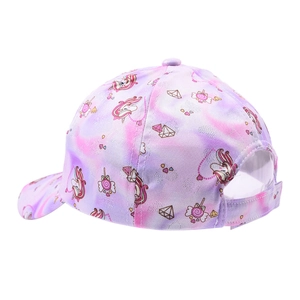 Kids unicorn baseball cap with purple pink tie-dye print and adjustable velcro strap