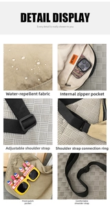 Detail display of water-repellent nylon crossbody bag with adjustable strap and inner pocket