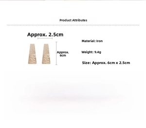 Detailed view of large golden rectangular earrings with textured hammered finish and dimensions