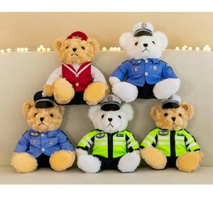 Collection of plush teddy bears in various professional uniforms like police and pilot