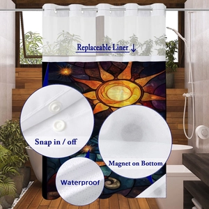 Detail of snap-in replaceable liner on waterproof sun art shower curtain with magnets