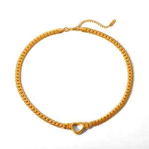 Chunky gold Cuban link necklace with hollow heart pendant for a bold punk fashion style