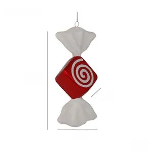 Detail showing 18.5cm red and white striped Christmas candy ornament with glitter