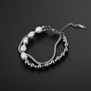 Double-layered stainless steel bracelet featuring silver bead chain and pearl accents