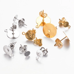 Flat round stainless steel stud earring posts with butterfly backs in gold and silver
