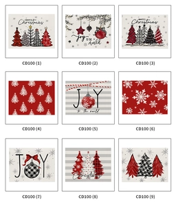 Detailed grid showing nine Christmas placemat designs with festive trees and holiday greetings