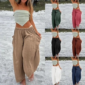 Women's high waist cotton linen wide leg trousers with elastic drawstring waist for beach vacation