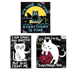 Three cute cartoon cat enamel pins featuring fun phrases and creative alloy designs