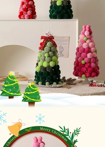 Close-up of handmade pom-pom Christmas trees on a festive mantelpiece decoration