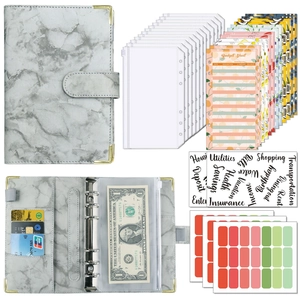 A6 Budget Binder Marble Pattern PU Leather Six Ring Loose Leaf Planner With Zipper Envelopes Expense Sheets Stickers Organizer