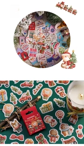 Macro detail of festive Christmas sticker set with Santa Claus and reindeer illustrations