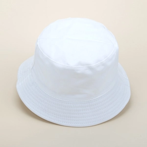 Detailed top view of a white cotton bucket hat showing parallel stitching on the brim
