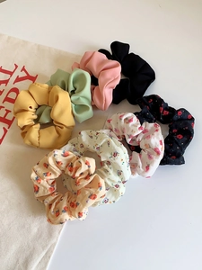 Detail view of 8-piece assorted vintage floral and solid color chiffon scrunchie set