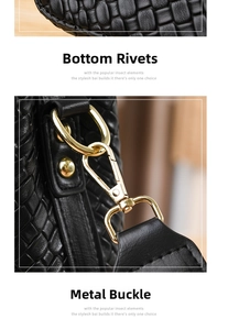 Detail of woven black leather bucket bag with protective bottom studs and gold hardware