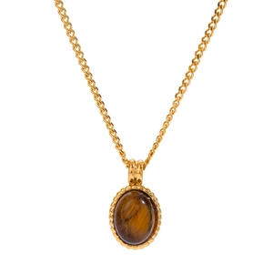 Minimalist 18k gold stainless steel necklace featuring an oval tiger eye stone pendant