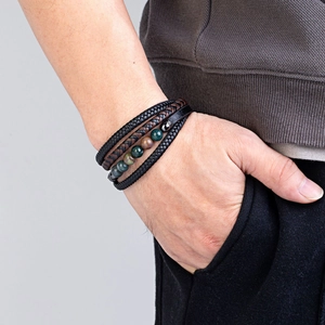 Handmade multilayer leather wrap bracelet with natural stone beads and stainless steel clasp