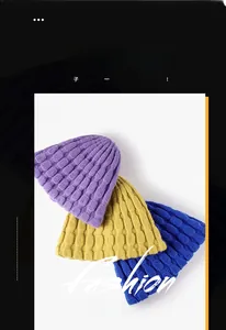 Detailed honeycomb knit texture of thick winter beanies in purple yellow and blue