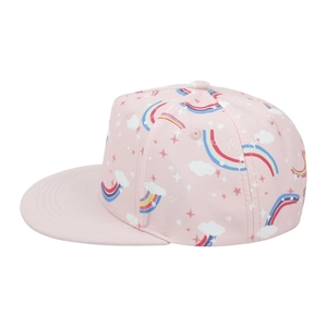 Detail of pink snapback hat featuring cartoon rainbow and cloud patterns for kids