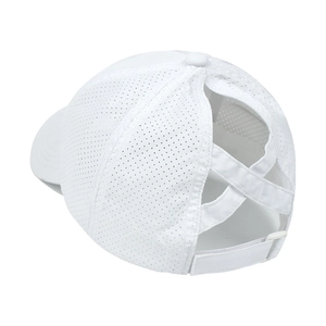 Detail of white mesh baseball cap with criss-cross elastic bands for ponytail