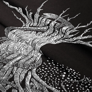 Detailed macro view of white Yggdrasil tree and snake print on black textile fabric
