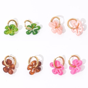 Hollow Flower Hoop Earrings Stainless Steel Resin Petal Retro Fashion Jewelry For Women